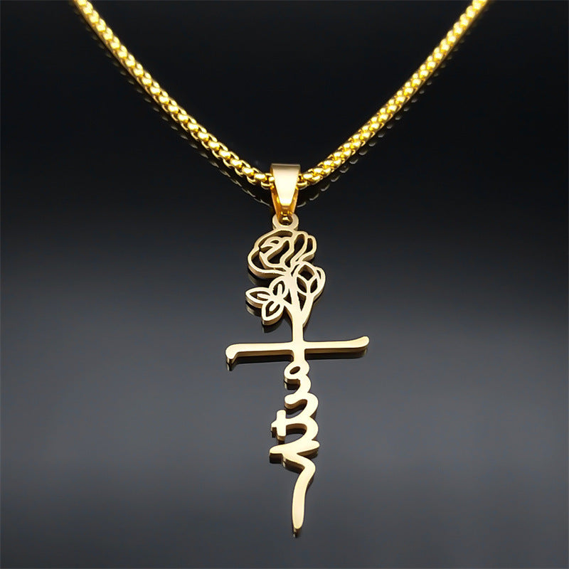 Cross Rose Necklace 18K Gold